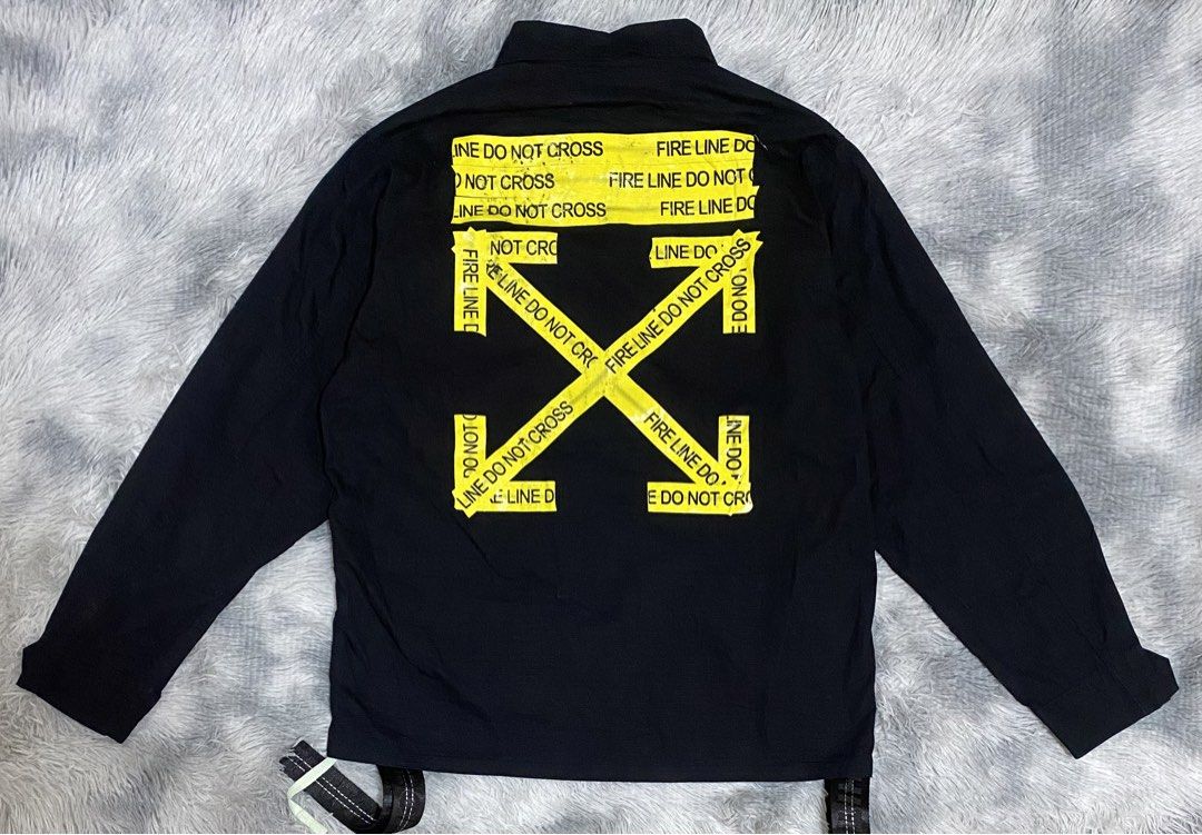 Off-White Fire Tape Utility Jacket (Category: Coats, Jackets and Outerwear) located in Tarlac. Submitted by cheap.fleaaa (Listing ID 1470569592, Image 2). Description: Offwhite✨ Width: 21.5 Length: 27 Issue: minor lints sa print pero removable 3,000 + ship Any courier Tarlac based📍.