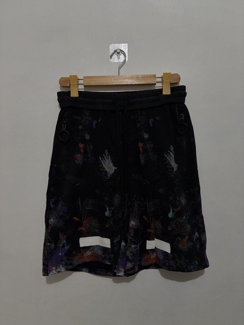 Off-White Seeing Things Galaxy Paint Splatter Shorts (Category: Shorts) located in Quezon City. Submitted by Tyler_brown (Listing ID 1470699386, Image 1). Description: - Brand: Off-White - Color/Design: Black with multi-color galaxy paint splatter wash - Material: Heavy cotton fleece for maximum comfort - Details: White diagonal stripe prints on front and back legs, 'SEEING THINGS' text near right rear waistband - Features: Elastic drawstring wai
