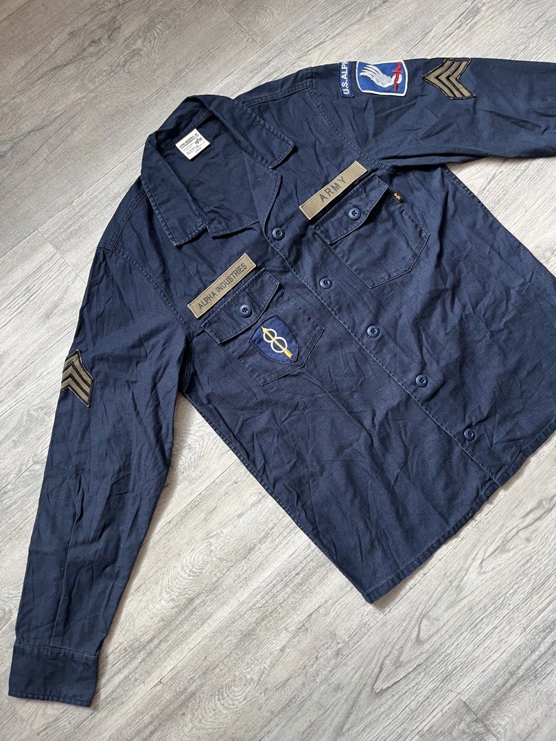 OG-107 Jacket Alpha Industries Repro size Large (Category: Coats, Jackets and Outerwear) located in Makati City. Submitted by ped.yanza (Listing ID 1470615558, Image 1). Description: Alpha Industries OG-107 navy blue cotton sateen long-sleeve military utility/work shirt featuring custom patches and chest name tapes. Size Large Measurements in inches (Laid flat) Length 28 Width pit to pit 22 Shoulder 18 Sleeve 25 No issue Good as new Location: Pas