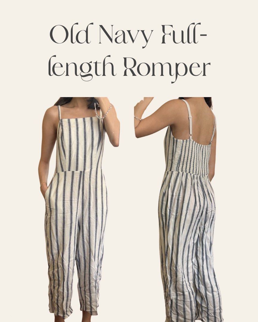 Old Navy Full-length Striped Romper Jumpsuit (Category: Jumpsuits) located in Paranaque City. Submitted by jackie.g (Listing ID 1470599598, Image 1). Description: - Brand: Old Navy - Style: Full-length romper with straight-leg trousers - Pattern: Vertical stripes (dark navy & cream) - Details: Square neckline, adjustable spaghetti straps, smocked back panel, and functional side pockets - Material: Lightweight fabric - Condition: Great other than 