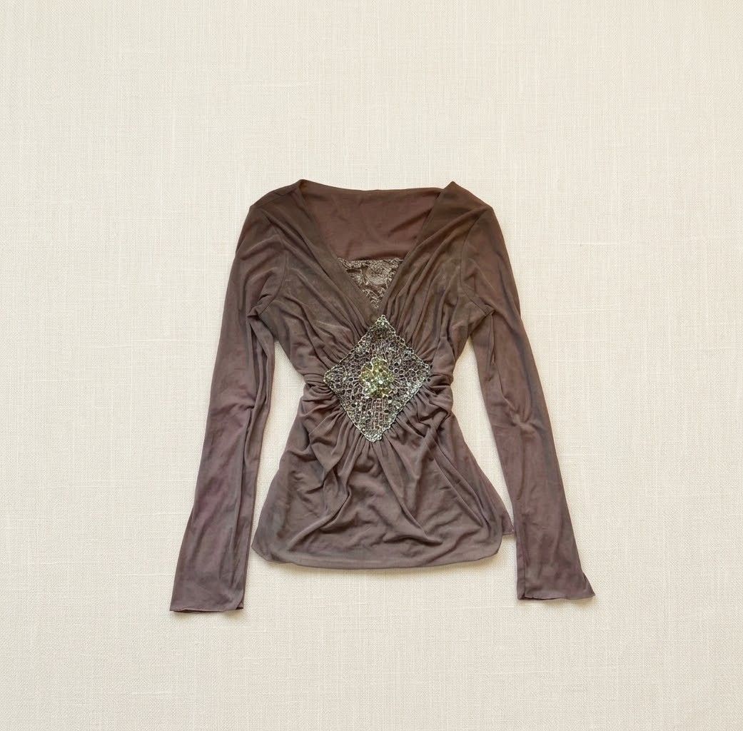 Olive Light Brown Rhinestone Longsleeve Top (Category: Longsleeves) located in Manila. Submitted by littlenicsfinds (Listing ID 1470674574, Image 1). Description: s-l, slight stretch.