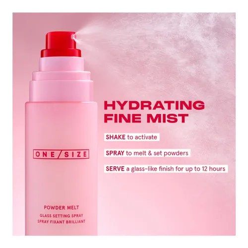 ONE/SIZE Powder Melt Glass Setting Spray 100ml (Category: Face Care) located in Pasig City. Submitted by bitofahoarder (Listing ID 1470640014, Image 3). Description: - Brand new ONE/SIZE Powder Melt Glass Setting Spray, 100 mL. - Delivers a hydrating, glass-like finish lasting up to 12 hours - Melts and sets powders seamlessly - Infused with ceramide complex, lime pearl extract, and ginger flower water to brighten and lock in moisture - Shake wel