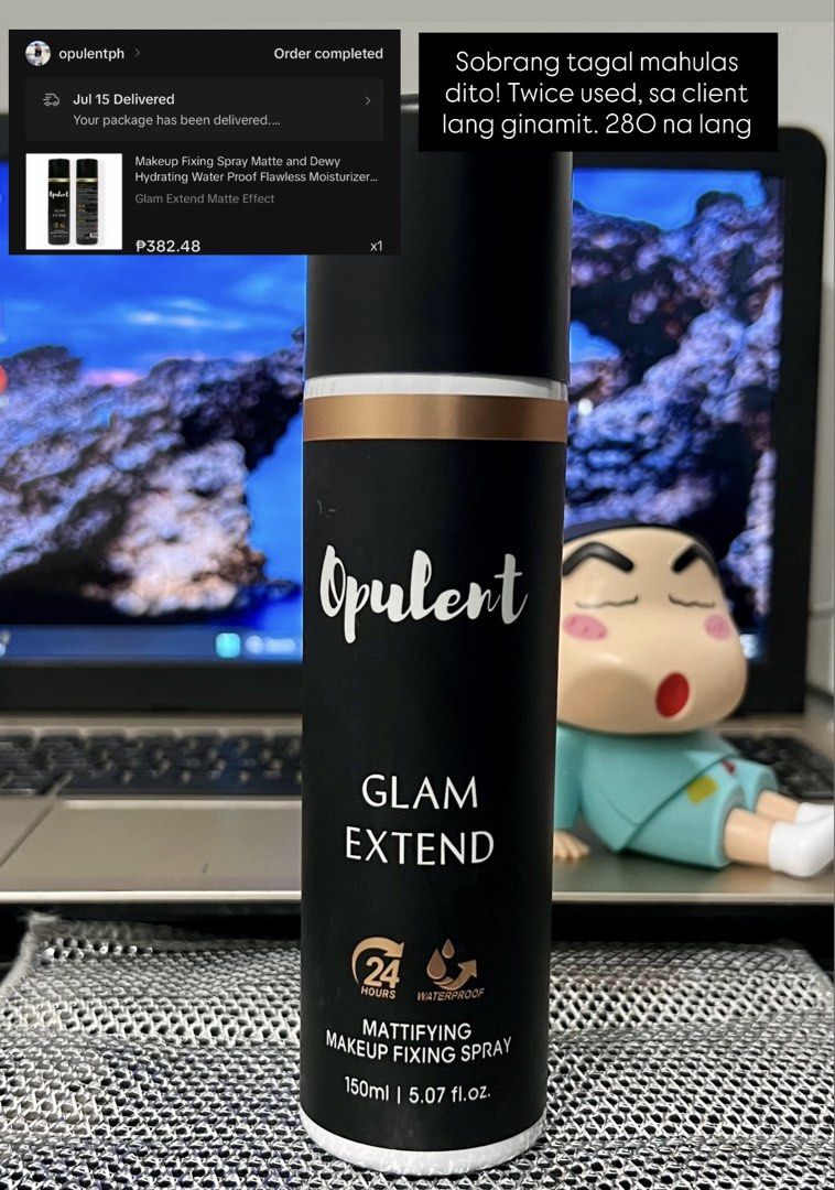 Opulent Glam Extend Mattifying Makeup Fixing Spray (Category: Makeup) located in Manila. Submitted by shininishin (Listing ID 1470713122, Image 1). Description: - Product: Opulent Glam Extend Mattifying Makeup Fixing Spray - Size: 150ml bottle - Condition: Used twice only (applied on a client) - Features: 24-hour long-wear and waterproof formula - Price: ₱280 (Great deal!).