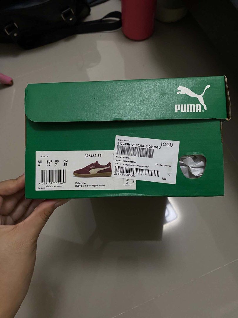 Orig Puma Palermo in Ruby (Category: Sneakers) located in Pakil. Submitted by jwlcgn (Listing ID 1470717958, Image 2). Description: Orig Puma Palermo in Ruby - EUR size 39 / 25 cm - Used once (like new) - With box RFS: wrong size LOC: marikina / pila, laguna price negotiable.