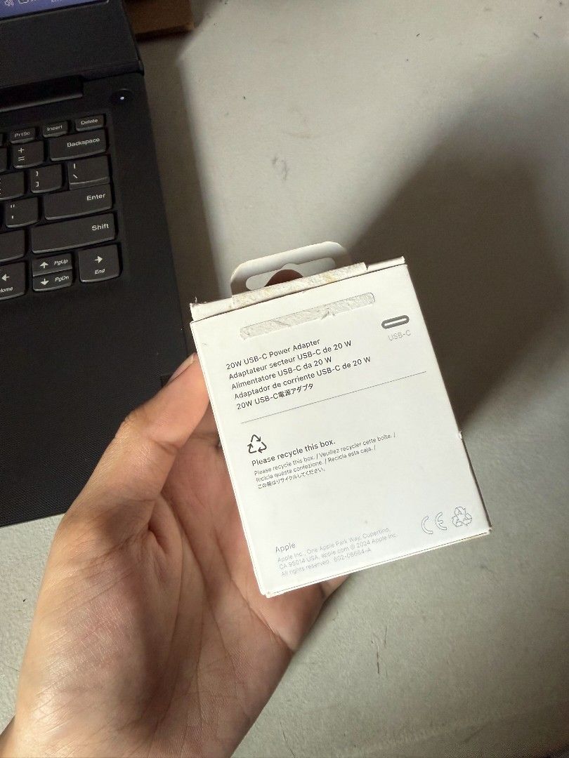 Original Apple 20 Watts Adapter (Category: Chargers & Cables) located in Cavite. Submitted by l.brendon (Listing ID 1470610273, Image 3). Description: Selling Apple 20W USB-C Power Adapter ​ ​Purchased in Glorietta Original (Check the serial number on the box and adapter) Not heavily used (more on power banks) ​Rfs: No longer in use, owner switched to Samsung ​Message me for more questions and clarifications!.