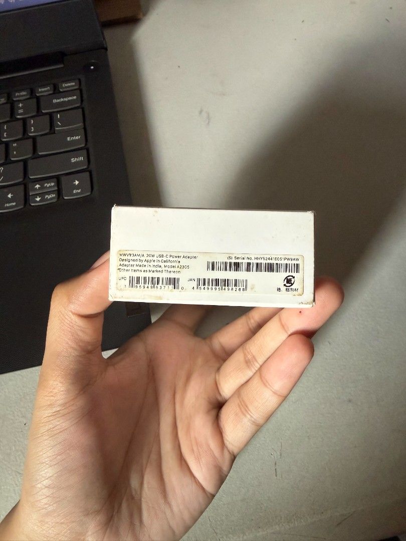 Original Apple 20 Watts Adapter (Category: Chargers & Cables) located in Cavite. Submitted by l.brendon (Listing ID 1470610273, Image 2). Description: Selling Apple 20W USB-C Power Adapter ​ ​Purchased in Glorietta Original (Check the serial number on the box and adapter) Not heavily used (more on power banks) ​Rfs: No longer in use, owner switched to Samsung ​Message me for more questions and clarifications!.