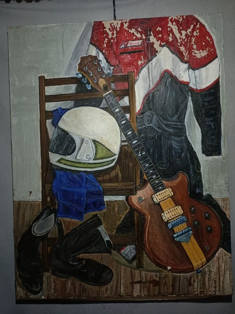 Original artwork featuring a figure holding a mask (Category: Art & Prints) located in Taguig. Submitted by grandfish_55ab5c (Listing ID 1470567468, Image 1). Description: - Type: Original handmade artwork on canvas - Artist: Signed by K. Nagamine - Design: Figure holding a red mask with abstract faces and elements - Color Palette: Muted tones of blue, green, and grey - Texture: Rough edges and visible texture from direct canvas painting - Condit