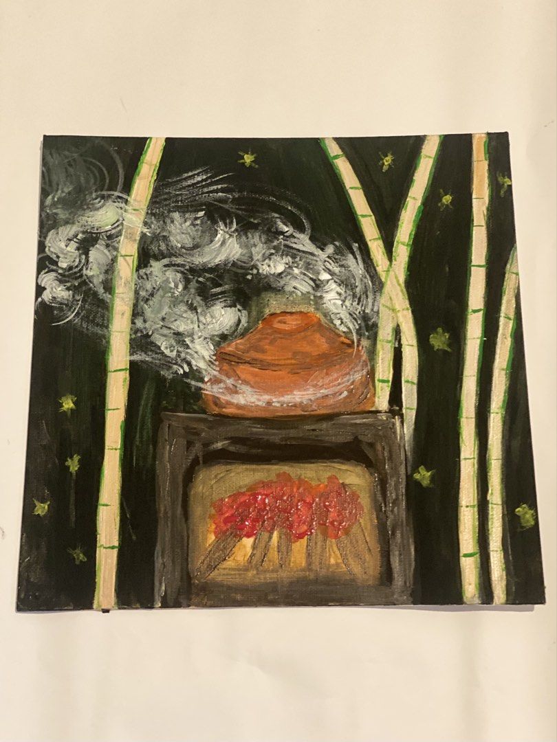 Original Canvas Painting (Category: Art & Prints) located in Manila. Submitted by aikani123494095 (Listing ID 1470716163, Image 1). Description: - Original hand-painted artwork on stretched canvas - Square format, ready to hang - Striking dark background with glowing red fire and clay pot motif - Detailed with swirling smoke and bamboo stalks framing the scene - Features rich, textured brushstrokes.