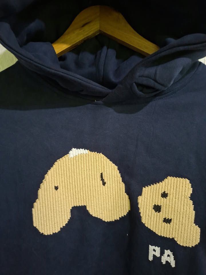 PALM ANGELS FULLY EMBROID HOODIE (Category: Coats, Jackets and Outerwear) located in Bulacan. Submitted by bleue.finds (Listing ID 1470659685, Image 2). Description: PALM ANGELS FULLY EMBROID HOODIE 23 - width 25.5 - length good condition issue : sweat stain need wash only removable medium.