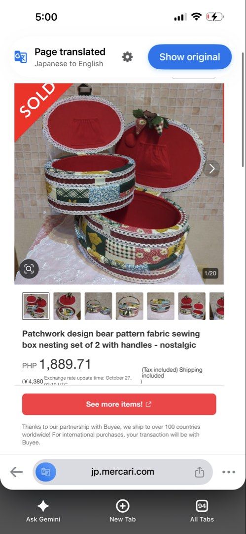 Patchwork design bear pattern fabric sewing box nesting set of 2 with handles (Category: Craft Supplies & Tools) located in Davao. Submitted by favoritepreloved (Listing ID 1470637828, Image 2). Description: 💜 sewing baskets (or craft caddies) featuring a rustic patchwork quilt pattern, lace trim, and a woven swing handle on the larger basket. 💜 Size: Large Basket - 13cm height x 25cm x 17cm Small Basket - 10cm height x 18cm x 12.5cm.