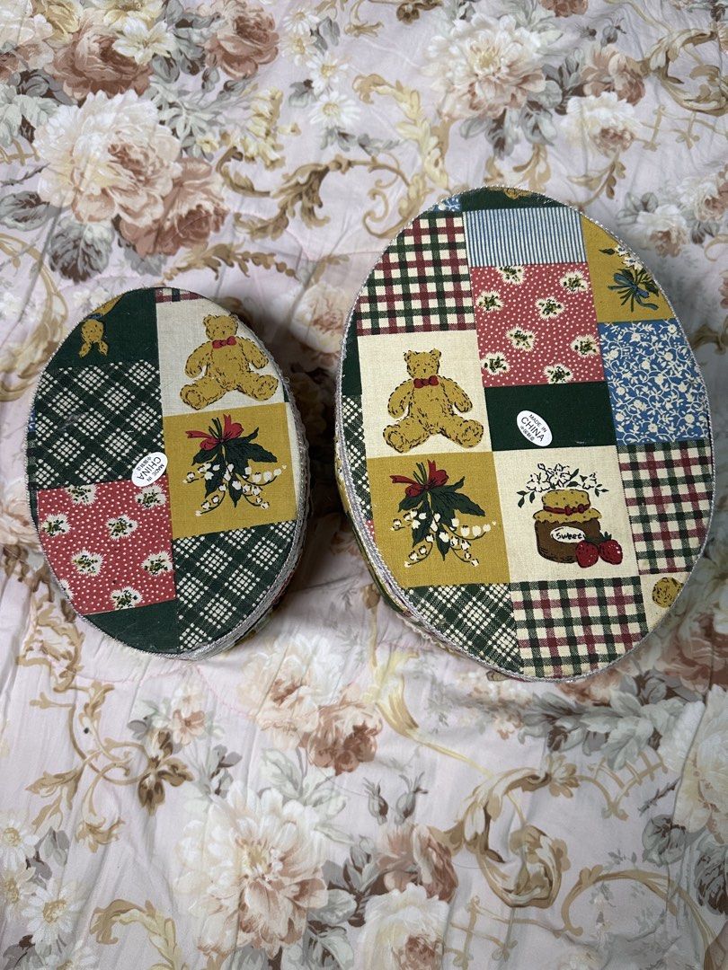 Patchwork design bear pattern fabric sewing box nesting set of 2 with handles (Category: Craft Supplies & Tools) located in Davao. Submitted by favoritepreloved (Listing ID 1470637828, Image 3). Description: 💜 sewing baskets (or craft caddies) featuring a rustic patchwork quilt pattern, lace trim, and a woven swing handle on the larger basket. 💜 Size: Large Basket - 13cm height x 25cm x 17cm Small Basket - 10cm height x 18cm x 12.5cm.