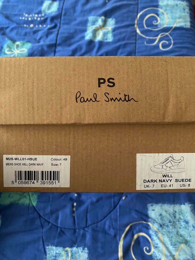 Paul Smith will dark navy suede (Category: Sneakers) located in Batangas. Submitted by dcastrogwe16756 (Listing ID 1470636316, Image 2). Description: - Brand: Paul Smith - Color: Navy blue with white and blue accents - Condition: Brand new, unworn, comes with original shoebox and packing tissue - Material: Premium mixed build featuring suede panels, leather overlays, and textured mesh fabric - Features: Blue laces, comfortable padded collar, cush