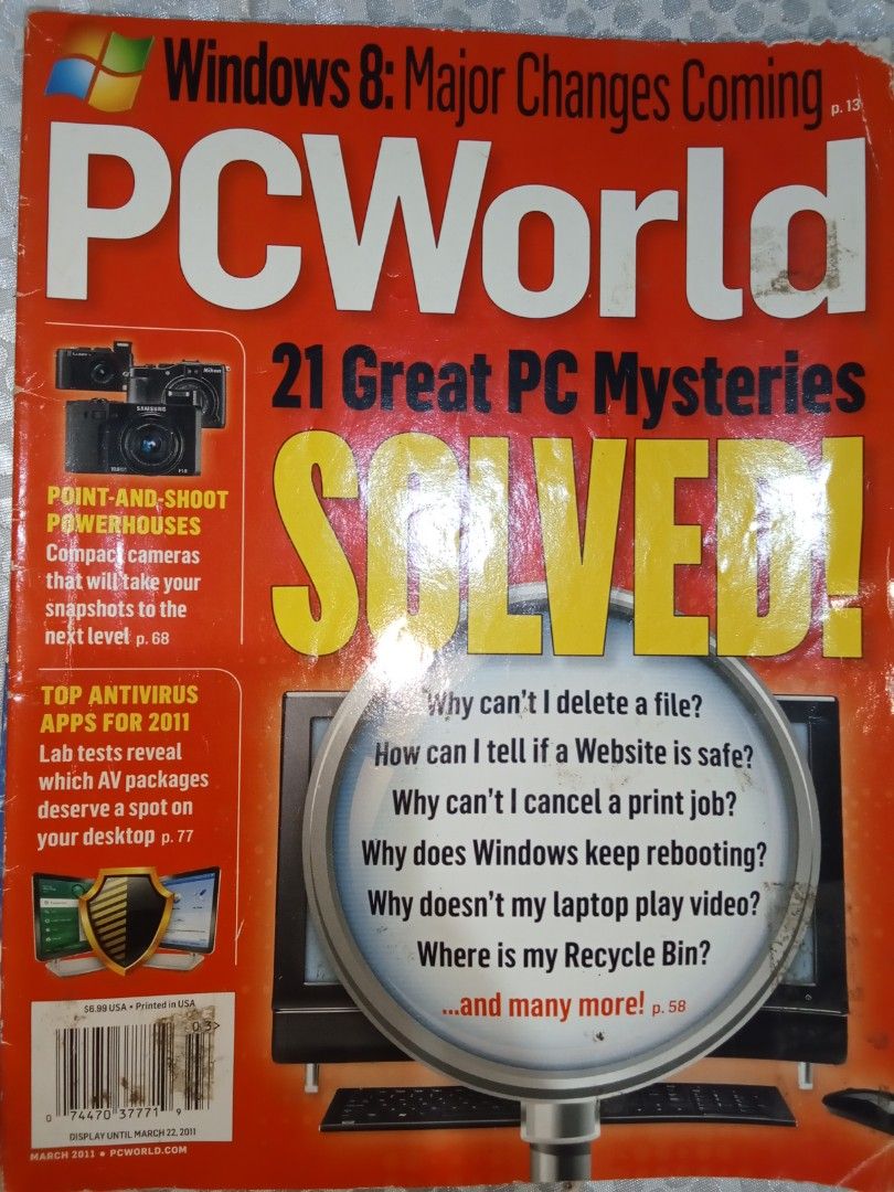 PC World Magazines Bundle Lot (Category: Magazines) located in Cavite. Submitted by emilgarcia09 (Listing ID 1470615884, Image 3). Description: Four issues of PC World magazine including September 2011, March 2011, and October 2010 editions. Articles cover Windows 8 tablets, Android vs Facebook, tech hacks, troubleshooting tips, and antivirus tests. Vintage computing reads for enthusiasts. Normal shelf wear on covers..