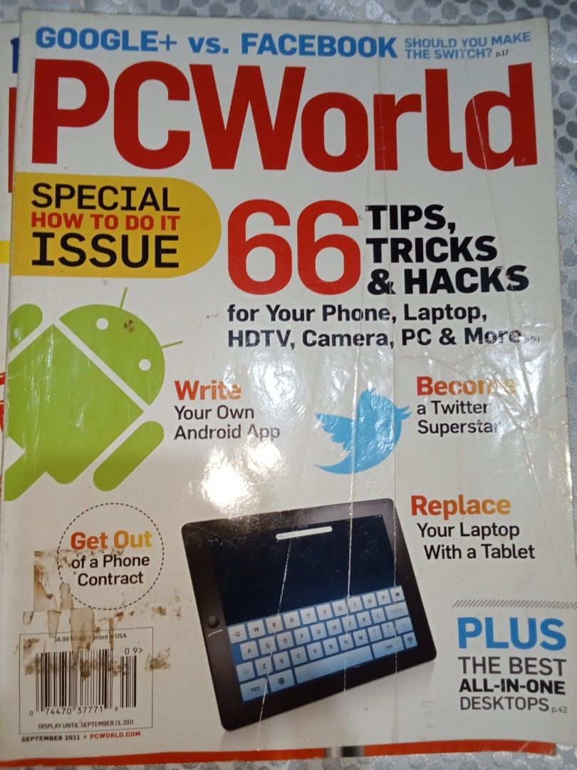 PC World Magazines Bundle Lot (Category: Magazines) located in Cavite. Submitted by emilgarcia09 (Listing ID 1470615884, Image 2). Description: Four issues of PC World magazine including September 2011, March 2011, and October 2010 editions. Articles cover Windows 8 tablets, Android vs Facebook, tech hacks, troubleshooting tips, and antivirus tests. Vintage computing reads for enthusiasts. Normal shelf wear on covers..
