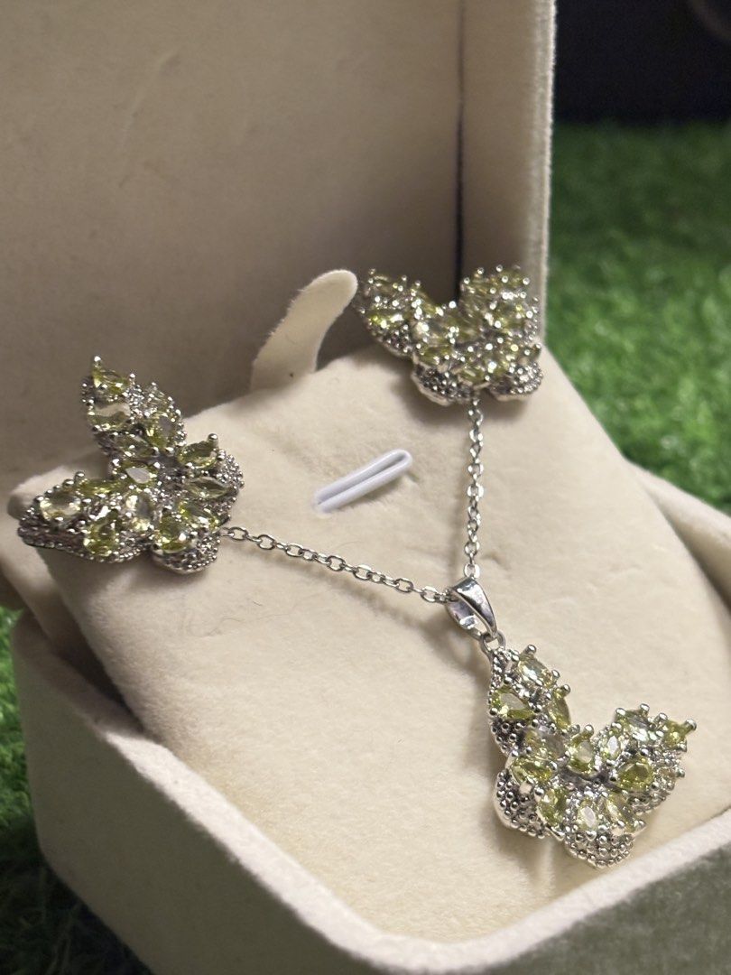 💚peridot set earrings & necklace gemstone (Category: Necklaces) located in Davao. Submitted by ememlou17 (Listing ID 1470576026, Image 3). Description: 💚🦋peridot butterfly set earrings, necklace gemstone. Necklace size 16-18inches Markings au750 Uv reactive Rodium/ Platinum over copper based metal Tarnish resistant with extra care Message me directly📩.