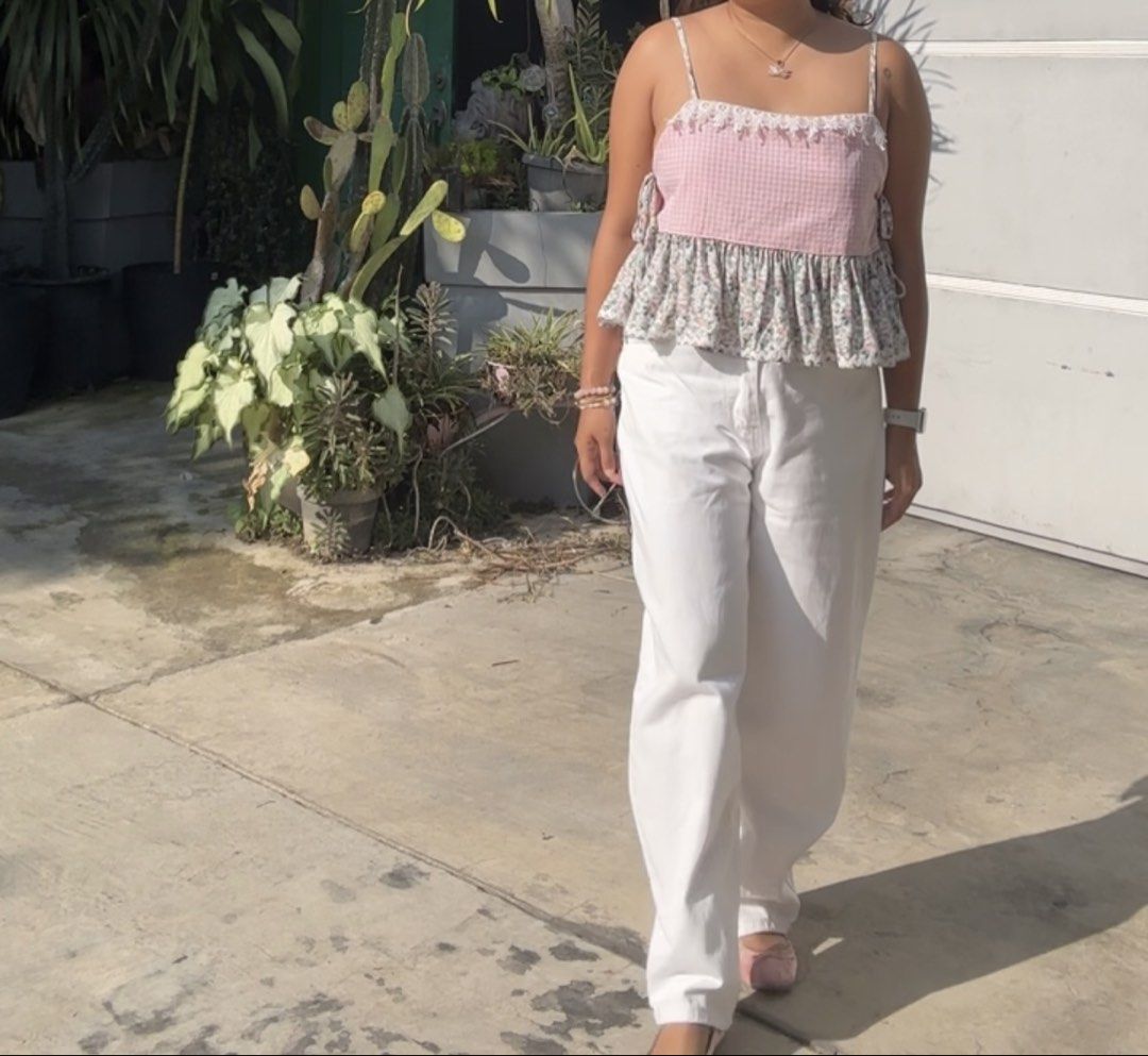 Pink Gingham and Floral Print Cami Top (Category: Sleeveless) located in Davao. Submitted by leocurated.davao (Listing ID 1470606249, Image 2). Description: - Style: Cute cottagecore aesthetic - Design: Pink gingham upper bodice with delicate white lace trim - Details: Green and white floral print ruffle hem with adjustable spaghetti straps - Styling: Easily pairs with white pants, shorts, or your favorite denim.