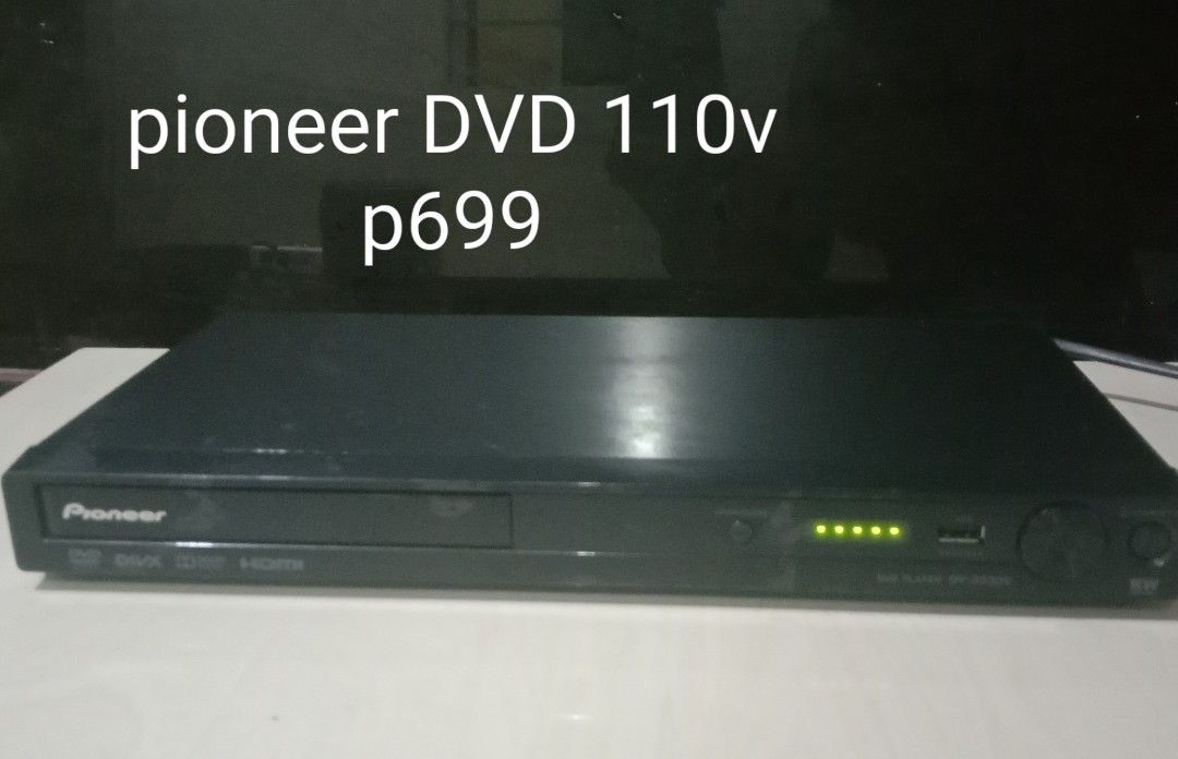 Pioneer DVD Player 110v (Category: Blu-Ray & Media Players) located in Manila. Submitted by redvincent01640 (Listing ID 1470573458, Image 1). Description: - Brand: Pioneer - Color: Sleek black finish - Power: Requires 110V - Media: Plays DVDs with DivX and Dolby Digital support - Connectivity: Includes HDMI output and front USB port - Features: Front panel with disc tray and basic controls - Condition: Solid unit, perfect for home entertainment s
