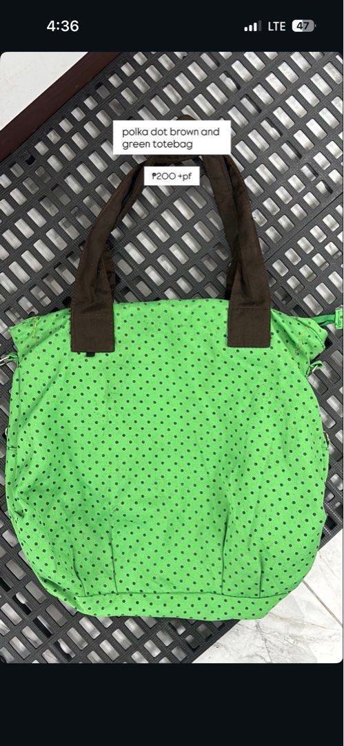 Polka dot brown and green totebag (Category: Tote Bags) located in Manila. Submitted by alyanarein (Listing ID 1470685280, Image 1). Description: Green tote bag with brown polka dots and brown shoulder straps. Roomy interior, good for daily essentials or casual errands. Sturdy fabric construction..