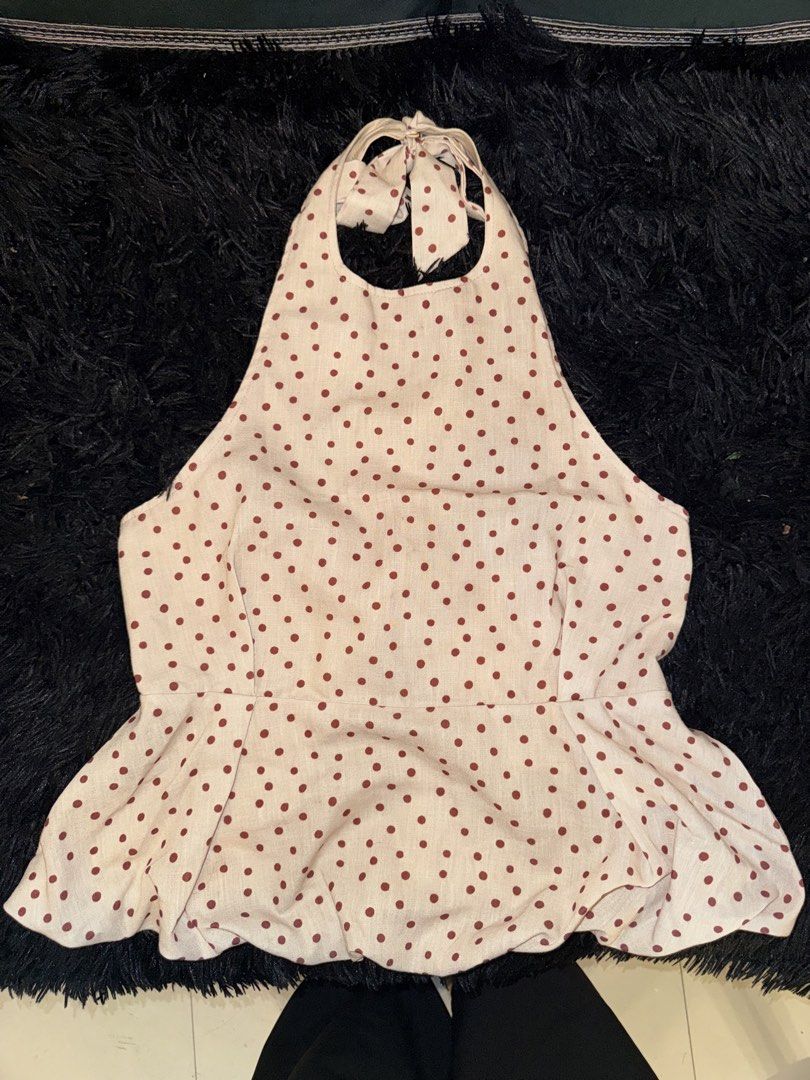 Polka Dot Halter Peplum Top (Category: Sleeveless) located in Manila. Submitted by clalala.fire (Listing ID 1470660894, Image 1). Description: size: M-L Worn twice. Good as new Rfs: not my size anymore Really really nice quality like zara.