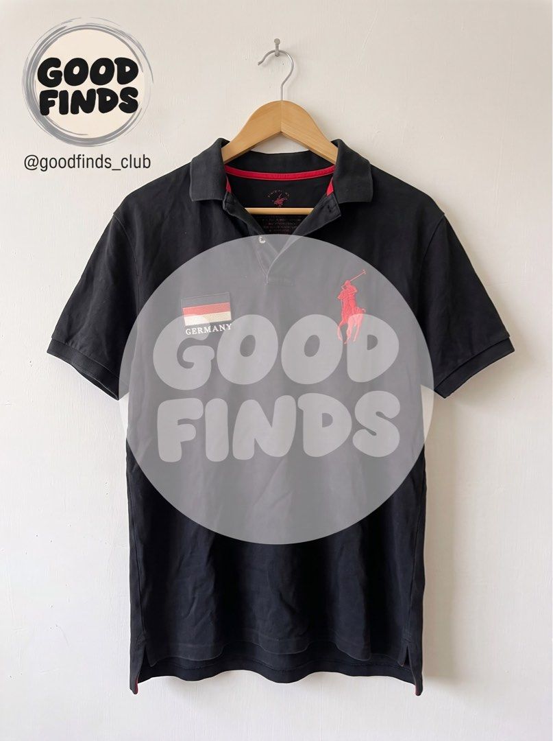 POLO RALPH LAUREN BLACK GERMANY (Category: Tshirts & Polo Shirts ) located in Manila. Submitted by goodfinds_club (Listing ID 1470683760, Image 1). Description: General fading, wash wear, and natural wrinkling across the cotton fabric consistent with pre-loved use; collar edges show typical fading from use. Back remains simple with no prints..