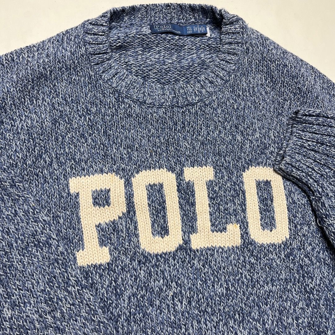 Polo Ralph Lauren Script Ocean Blue Knitted Sweater (Category: Coats, Jackets and Outerwear) located in Caloocan City. Submitted by achilles_grails (Listing ID 1470676698, Image 2). Description: - Brand: Polo Ralph Lauren - Style: Ocean blue knitted sweater with prominent cream 'POLO' script lettering on the chest - Size: XXL (great for an oversized, relaxed fit) - Material: High-quality textured knit fabric with ribbed collar, cuffs, and hem - C