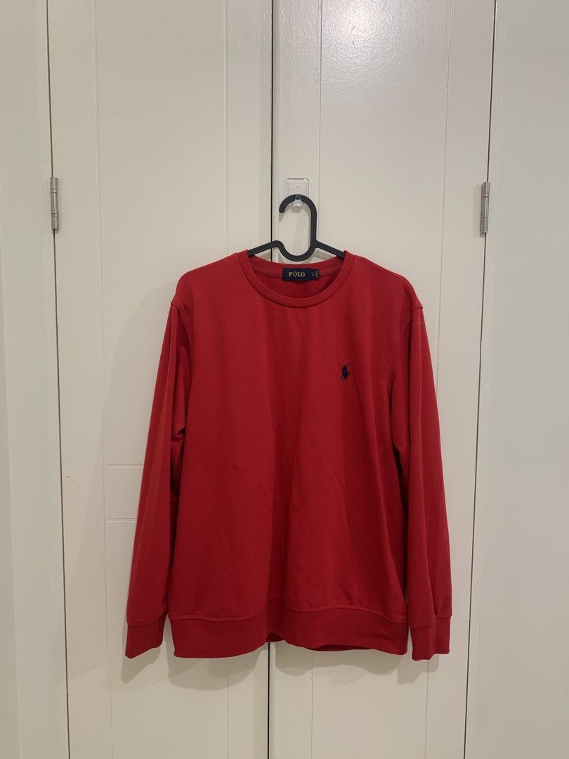Polo Red Crewneck Sweatshirt Size L (Category: Coats, Jackets and Outerwear) located in Pasig City. Submitted by lovedbyri (Listing ID 1470641365, Image 1). Description: - USED ONCE - Brand: Polo - Color: Red - Size: Large (L tag on collar) - Fit: Regular, easy everyday pullover layer - Details: Dark embroidered logo on left chest, ribbed cuffs and hem - Back: Clean solid back - Origin: Made in Indonesia.