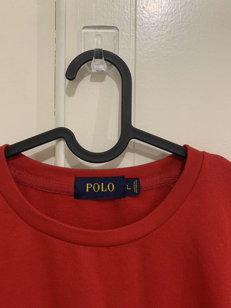 Polo Red Crewneck Sweatshirt Size L (Category: Coats, Jackets and Outerwear) located in Pasig City. Submitted by lovedbyri (Listing ID 1470641365, Image 3). Description: - USED ONCE - Brand: Polo - Color: Red - Size: Large (L tag on collar) - Fit: Regular, easy everyday pullover layer - Details: Dark embroidered logo on left chest, ribbed cuffs and hem - Back: Clean solid back - Origin: Made in Indonesia.