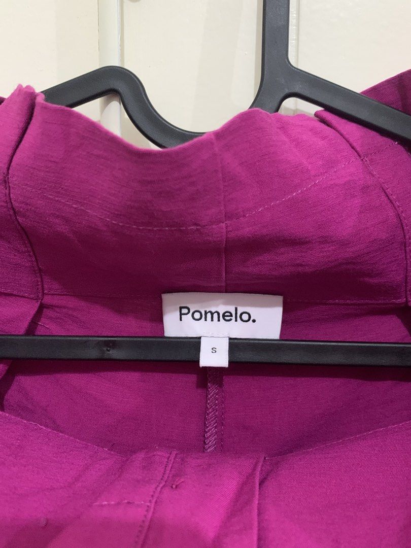 Pomelo Magenta Blazer and Shorts Set (Category: Sets or Coordinates) located in Pasig City. Submitted by lovedbyri (Listing ID 1470646769, Image 3). Description: - Brand: Pomelo - Color: Bright magenta - Set includes: Double-breasted blazer (Size XS) with 2 front buttons and structured lapels, plus high-waisted tailored shorts (Size S) - Condition: Great statement outfit - Style: Versatile for both casual and formal wear.