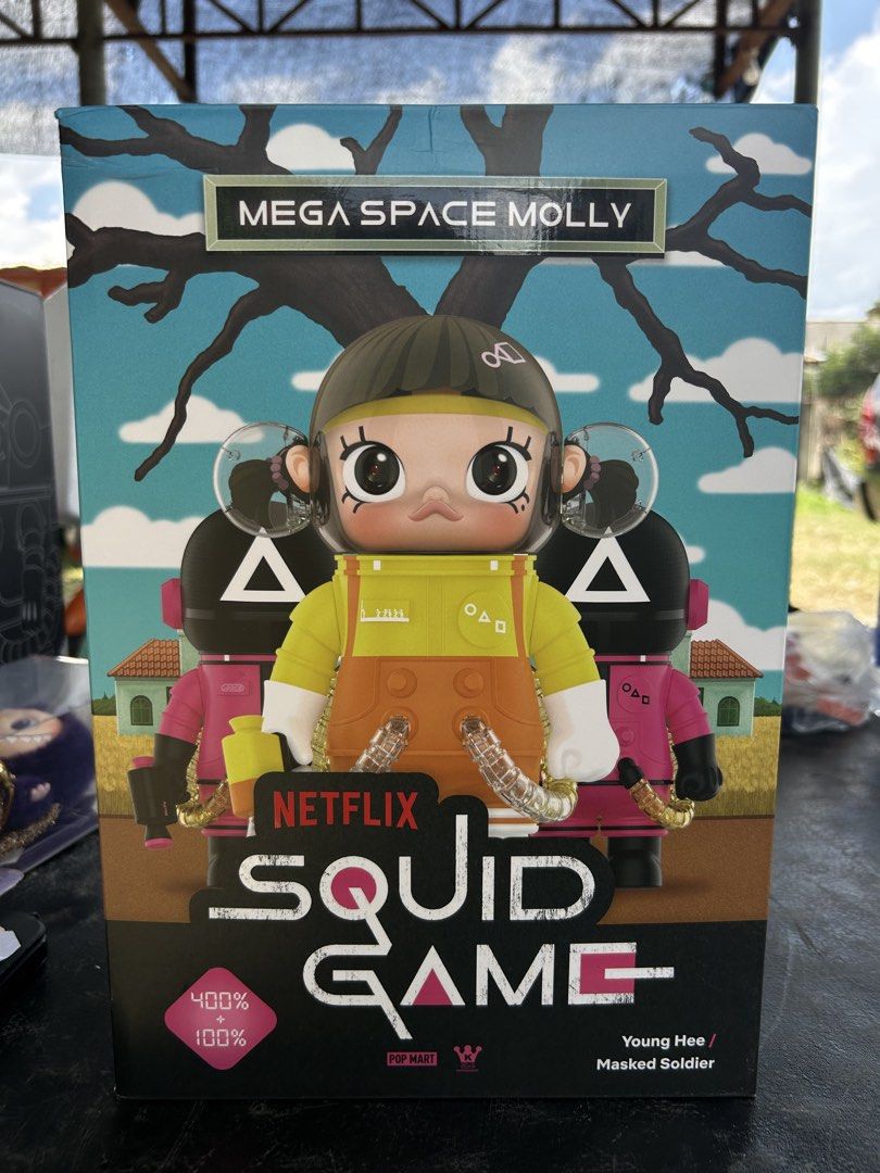 Pop Mart Mega Space Molly Squid Game Masked Soldier (Category: Designer & Blind Box Toys) located in Kidapawan. Submitted by kukaaai (Listing ID 1470599755, Image 1). Description: - Authentic Pop Mart Mega Space Molly x Squid Game Masked Soldier set - Includes both the 400% large figure and the matching 100% mini version - Detailed pink jumpsuit design with black boots, helmet, and transparent coiled tubes - Original box included - Ideal for art 