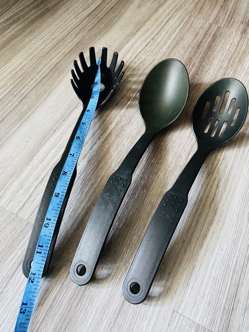 Prestige Kitchen Utensils Set Pasta Fork Serving Spoon (Category: Dinnerware & Cutlery) located in Caloocan City. Submitted by lovemyclothes21 (Listing ID 1470574641, Image 2). Description: - Brand: Prestige - Set includes: Pasta fork, solid spoon, and slotted spoon - Material: Durable black nylon (safe for non-stick cookware) - Size: Approximately 13 inches long - Features: Convenient hanging holes at the ends and Prestige logo stamped on handle