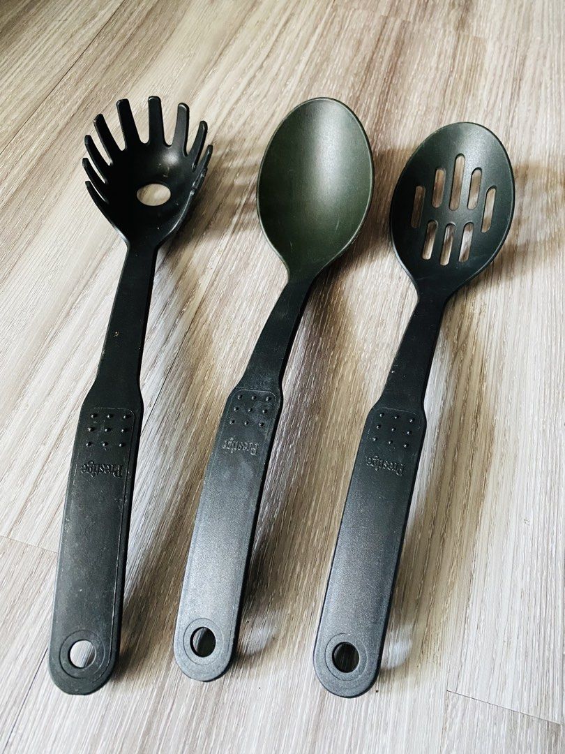 Prestige Kitchen Utensils Set Pasta Fork Serving Spoon (Category: Dinnerware & Cutlery) located in Caloocan City. Submitted by lovemyclothes21 (Listing ID 1470574641, Image 1). Description: - Brand: Prestige - Set includes: Pasta fork, solid spoon, and slotted spoon - Material: Durable black nylon (safe for non-stick cookware) - Size: Approximately 13 inches long - Features: Convenient hanging holes at the ends and Prestige logo stamped on handle