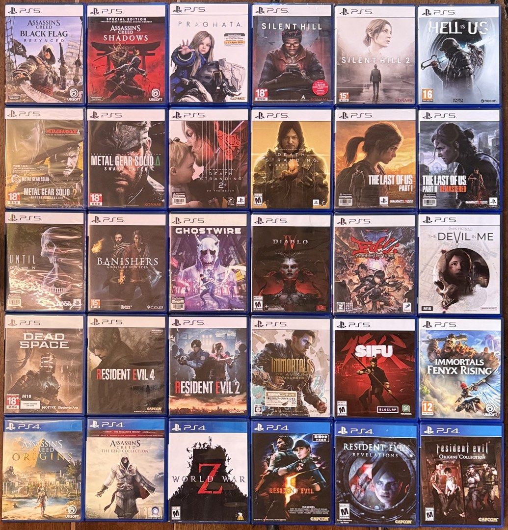 Ps4 and ps5 games (Category: PlayStation) located in Manila. Submitted by gamengrind (Listing ID 1470586313, Image 1). Description: Ps5 Assassins Creed Black Flag Resynced - 2500 Pragmata - 2300 Silent Hill Townfall - 2300 sealed Silent Hill 2 - 2000 Assassins Creed Shadows - 2000 Hell is Us - 2000 Metal Gear Collection vol 2 - 2300 sealed Metal Gear Solid Delta - 2000 Death Stranding 2 - 2000 Death Stranding Directors Cut - 1600 Last of Us - 170
