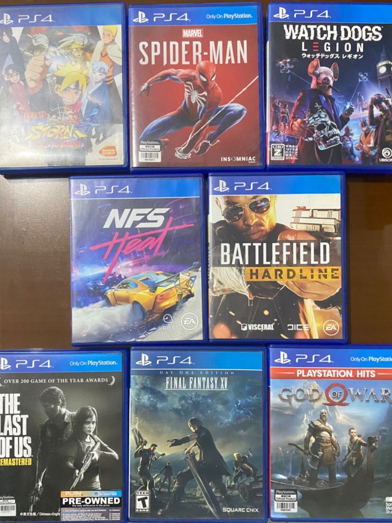 PS4 Games Bundle (Category: PlayStation) located in Mandaluyong City. Submitted by katiermrzzz (Listing ID 1470662658, Image 1). Description: - Bundle of 8 physical PS4 games: God of War (PlayStation Hits), Final Fantasy XV Day One Edition, The Last of Us Remastered, Naruto Shippuden Ultimate Ninja Storm 4 Road to Boruto, and Marvel's Spider-Man, etc. - Includes original standard blue cases with intact cover art - Region-appropriate releases - Pe