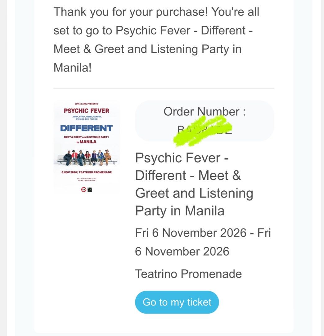 psychic fever in manila | silver ticket (Category: Events Tickets) located in Pasig City. Submitted by 21thunder (Listing ID 1470667394, Image 1). Description: RFS: extra ticket. secured my desired tier. november 6, 2026 teatrino promenade 7-10 PM inclusions: - listening party - meet & greet - signing session: 1x signed poster (provided by organizers) - 1x sticker - 1x photocard price breakdown in third photo total for ticket: 3,000 payment gatew