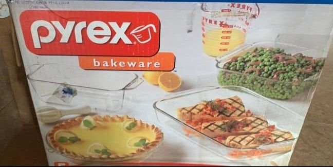 Pyrex Glass Bakeware Set 4-Piece (Category: Bakeware) located in Paranaque City. Submitted by nicessities (Listing ID 1470741968, Image 2). Description: - Authentic Pyrex 4-piece glass bakeware set - Set includes: Large rectangular dish, medium square dish, loaf pan, and round pie plate - Made of durable, clear tempered glass - Oven-to-table convenience - Essential kitchen must-have for all your baking needs BOX for reference, already discarded. 
