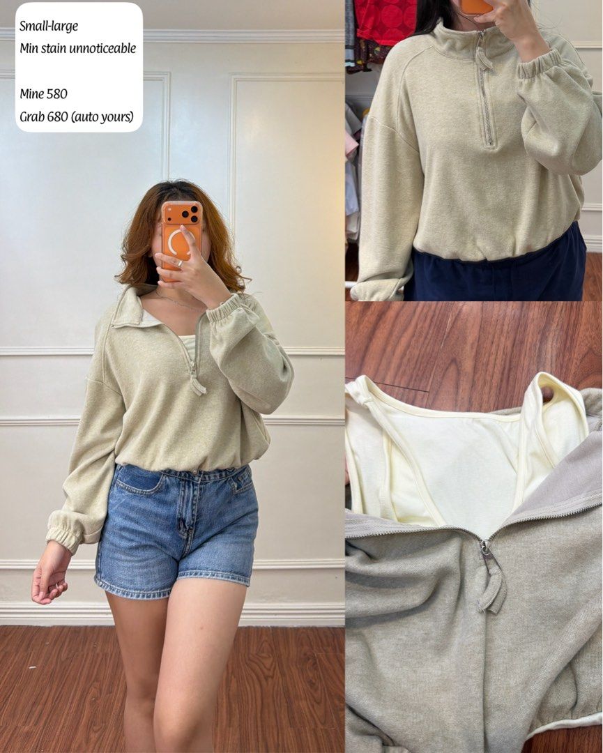 Quarter Zip Sweatshirt Beige Pullover (Category: Longsleeves) located in Manila. Submitted by angelll0123 (Listing ID 1470706344, Image 1). Description: - Color: Beige - Style: Quarter zip sweatshirt with high collar - Fit: Comfortable fit for sizes Small to Large - Details: Soft material with cinched cuffs and hem - Condition: Good, with a minor stain that is barely noticeable when worn - Perfect for: Daily casual wear or lounging.