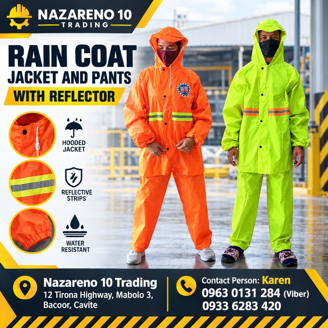 Rain Coat Jacket and Pants (Category: Looking For) located in Bacoor. Submitted by kajezame.2021 (Listing ID 1470616927, Image 1). Description: Rain Coat Jacket and Pants For More Details and Discount Contact Ms. Karen NAZARENO 10 TRADING 0963 0131 284 0933 6283 420 0956 7028 557 0933 8559 510 Landline: Look for Ms. Karen (046 ) 416 3920 Also available: • Traffic cone • Parking Block stopper • Hooded trash bin • Road Plastic Barrier • Spill boom 