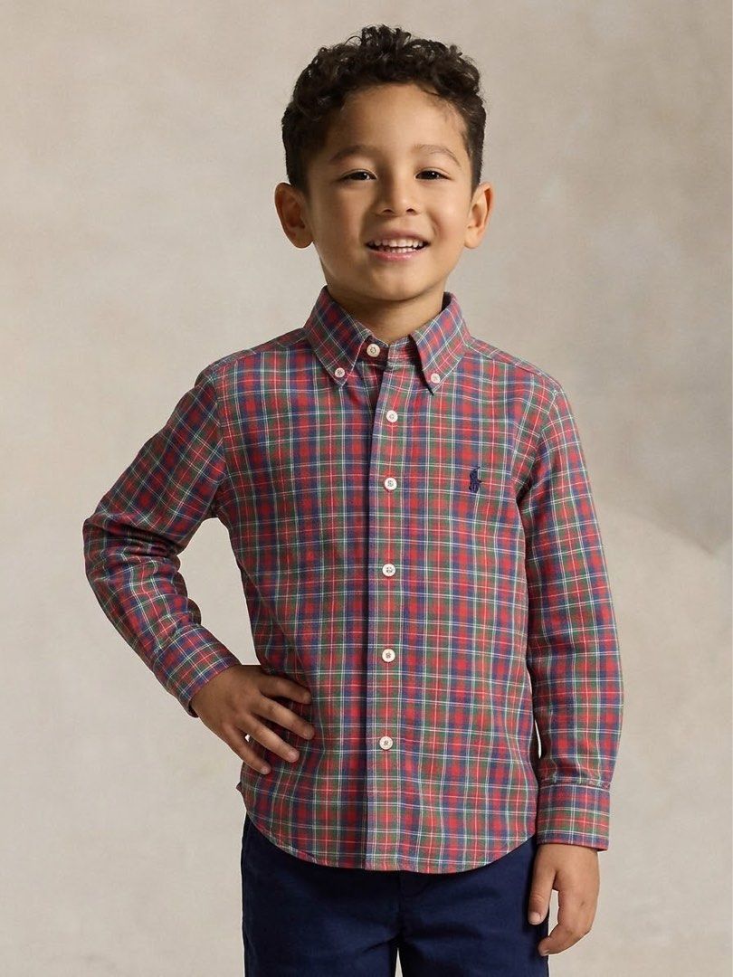 Ralph Lauren Plaid Button-Down Shirt Size 4/4T (Category: Babies & Kids Fashion) located in Ajuy. Submitted by galitsabarat (Listing ID 1470614551, Image 2). Description: - Brand: Ralph Lauren - Item: Long sleeve button-down shirt - Size: 4/4T - Pattern: Classic red, green, and blue plaid - Details: Signature embroidered pony logo on chest, button-down collar, white buttons - Measurements: Pit to pit ~13-14 inches, Length ~18 inches - Condition: 