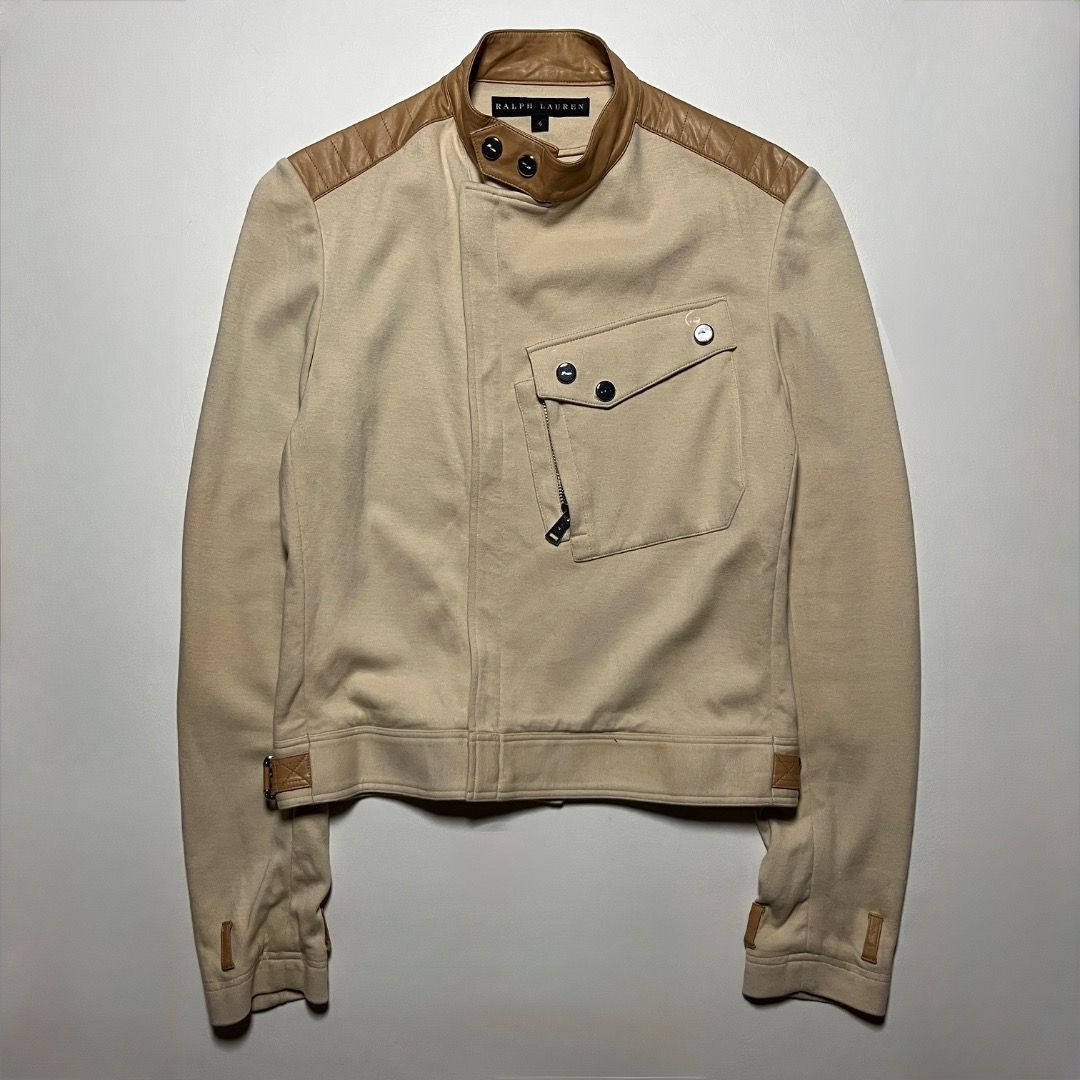 Ralph Lauren Tan Leather Accented Jacket (Category: Coats, Jackets and Outerwear) located in Caloocan City. Submitted by achilles_grails (Listing ID 1470727996, Image 1). Description: - Brand: Ralph Lauren - Size: 4 - Color: Beige with tan leather accents - Collar & Shoulders: Contrast tan leather collar and shoulder panels with stand-up double-snap closure - Closure: Asymmetrical front zipper - Pockets: Large utility chest pocket with zippered c