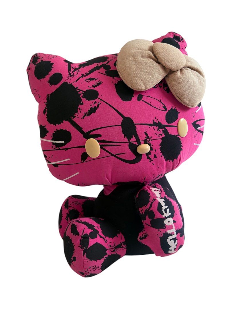 RARE Large Hello Kitty Punk Splatter Print Plush Doll (Category: Plushies & Soft Toys) located in Manila. Submitted by serendipitymanila (Listing ID 1470700427, Image 3). Description: - Authentic RARE Kitty plush doll in a rare pink and black splatter print design - Features a solid black body/limbs, neutral gray bow - Condition note: Small seam repair needed under the right armpit (slight white stuffing exposed, easy DIY fix) - Super huggable an