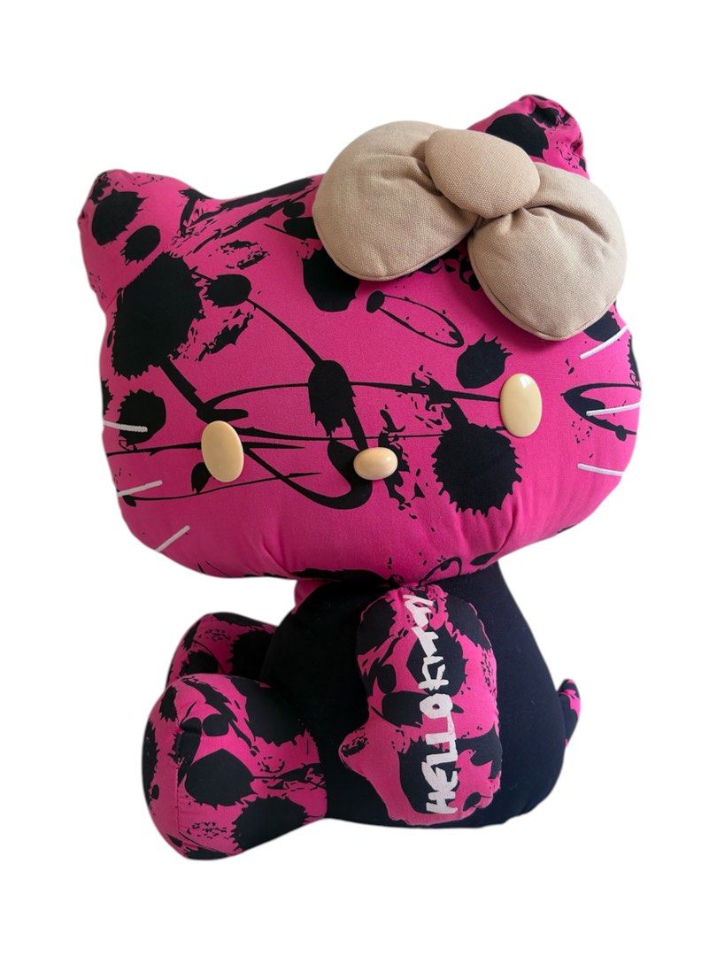 RARE Large Hello Kitty Punk Splatter Print Plush Doll (Category: Plushies & Soft Toys) located in Manila. Submitted by serendipitymanila (Listing ID 1470700427, Image 2). Description: - Authentic RARE Kitty plush doll in a rare pink and black splatter print design - Features a solid black body/limbs, neutral gray bow - Condition note: Small seam repair needed under the right armpit (slight white stuffing exposed, easy DIY fix) - Super huggable an