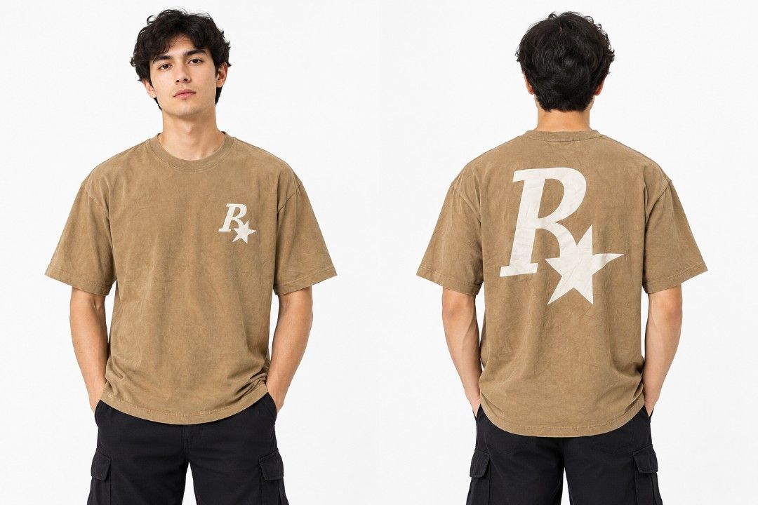 Rass Logo Brown T-Shirt Oversized (Category: Tshirts & Polo Shirts ) located in Cebu City. Submitted by royalwolf-2a85 (Listing ID 1470693769, Image 3). Description: - Brown oversized graphic tee with vintage wash - Iconic Rockstar Games logo on front and back - Soft and comfortable cotton fabric - Crew neckline and short sleeves - Minimal wear with clean, crack-free graphics - like New - no issue .