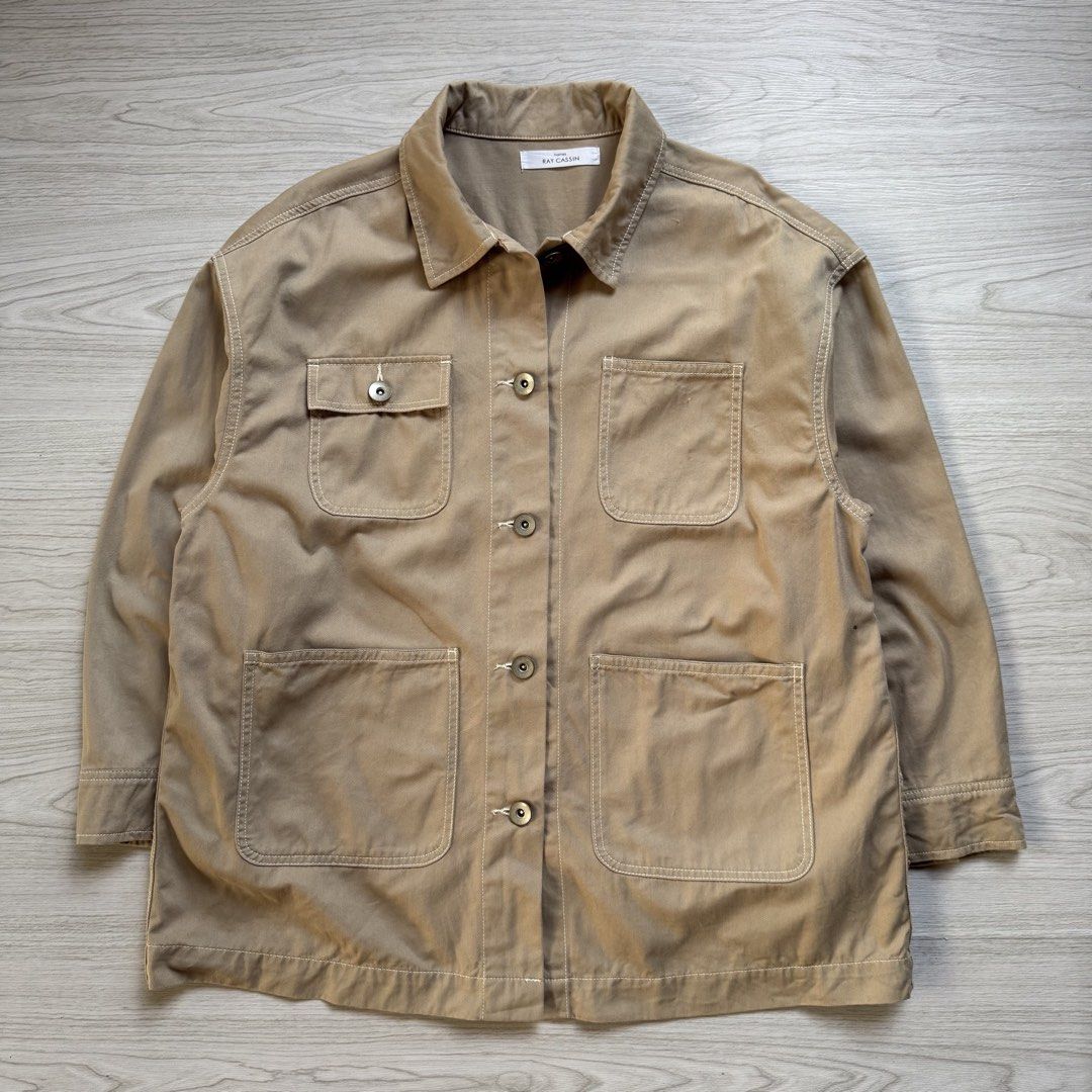Ray Casin Beige Coverall Chore Jacket (Category: Coats, Jackets and Outerwear) located in Zamboanga. Submitted by rustic.rev (Listing ID 1470676283, Image 1). Description: Ray Casin Beige Coverall Chore Jacket In excellent condition, light stain pocket Tagged: M fits XL Actual Measurements: Pit to pit: 24.5” Length: 29.5” Shoulders: 22.5” Sleeves length: 20.25”.