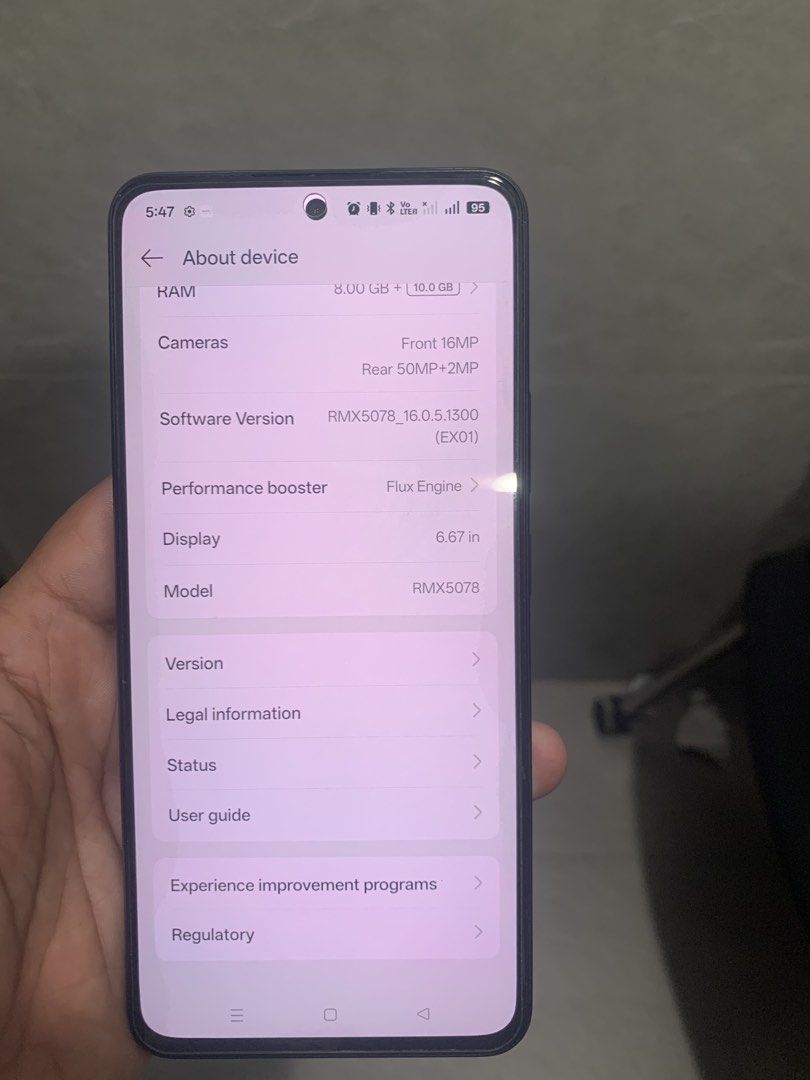 Realme 14T 5g 256 (Category: Realme) located in Quezon City. Submitted by kimchiman28 (Listing ID 1470568463, Image 2). Description: For sell or swap my Realme 14T 5G 8+10 ram 256rom 6000Mah Unit with case only No issue bukod sa dents Unli reset openline Finger print and faceid working No hidden issue Can swap sa iphone 12 kahit bypass Opwn swap basta add kayo cash Dm sa may gusto Meetsup pagusapan natin.