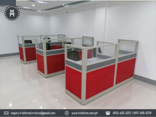 Red and grey office cubicle workstation partitions (Category: Office Furniture & Fixtures) located in Caloocan City. Submitted by jim.trishtineofficefurnitures (Listing ID 1470610101, Image 1). Description: - Type: Modular office partitions - Design: Red fabric panels, grey frames, and glass top sections for privacy and brightness - Ideal for: Call centers, open office floor plans, and flexible layouts - Build: Sturdy construction with clean line
