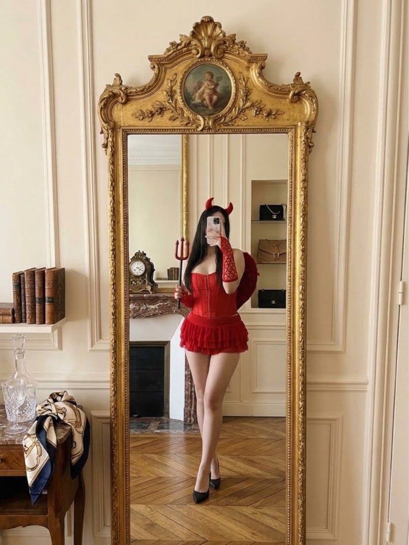 Red Angel / Devil Sexy halloween costume (Category: Dresses) located in Cavite. Submitted by wishie_collects (Listing ID 1470629262, Image 3). Description: Xs Only Xs Pretty little thing Corset with Boning low rise Ruffled mesh skirt Pair of red fingerless mesh gloves Bunny ears.