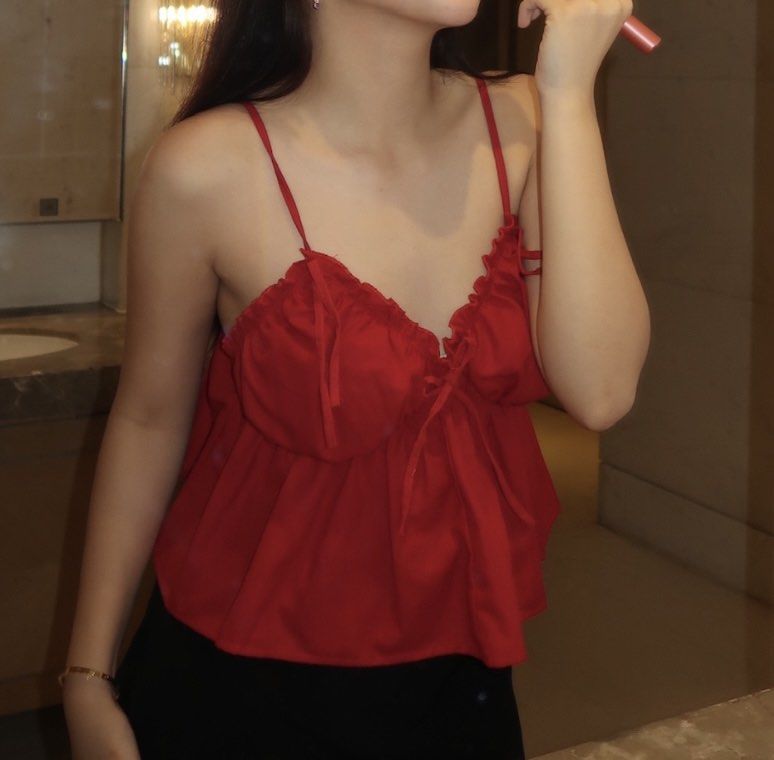 Red Camisole Peplum Top (Category: Sleeveless) located in Manila. Submitted by perwinkle.ph (Listing ID 1470711280, Image 3). Description: - used once only - stretchy, can fit up to medium .