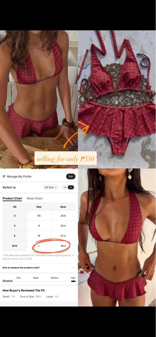 Red Plaid Bikini Set Size L (Category: Bikinis & Swimsuits) located in Davao. Submitted by leocurated.davao (Listing ID 1470607343, Image 1). Description: - Style: Red plaid bikini set with halter top and ruffled shorts - Size: L (fits bust 39.4 inches) - Material: High stretch for a comfortable fit - Condition/Use: Perfect for swimming and beach days - Price: Only ₱350.