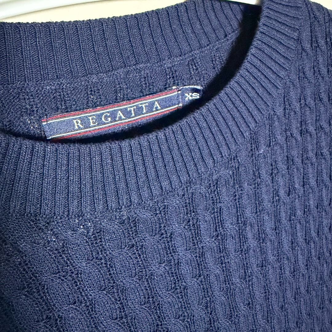 Regatta Navy Blue Knit Top (Category: Blouses) located in Tanauan. Submitted by rubymotilla (Listing ID 1470673251, Image 2). Description: Regatta Navy Blue Knit Top | XS | 3/4 Sleeves Measurements: 16.5 inches pit to pit × 18.5 inches length Condition: Please refer to the actual photos. Feel free to message me for more details 😊 .