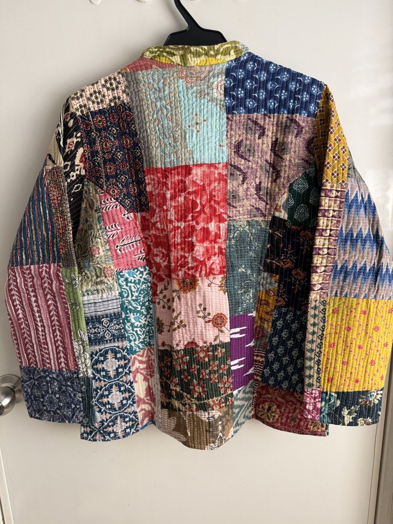 Reversible Quilted Patchwork Jacket (Category: Coats, Jackets and Outerwear) located in Las Pinas. Submitted by katrt (Listing ID 1470597962, Image 2). Description: - Condition: Brand new with tag attached - Size: L (Made in India) - Material: 100% cotton - Design: Reversible (Colorful patchwork print on side one, turquoise floral pattern on side other) - Features: Front button closure with looped fastenings and two front pockets on the patchwork